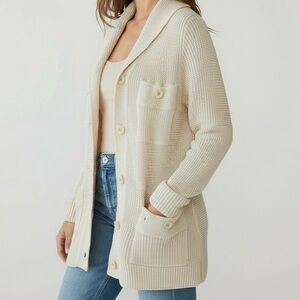 Ralph Lauren Cream Linen Knit Cardigan Sweater | Shawl Collar | Medium